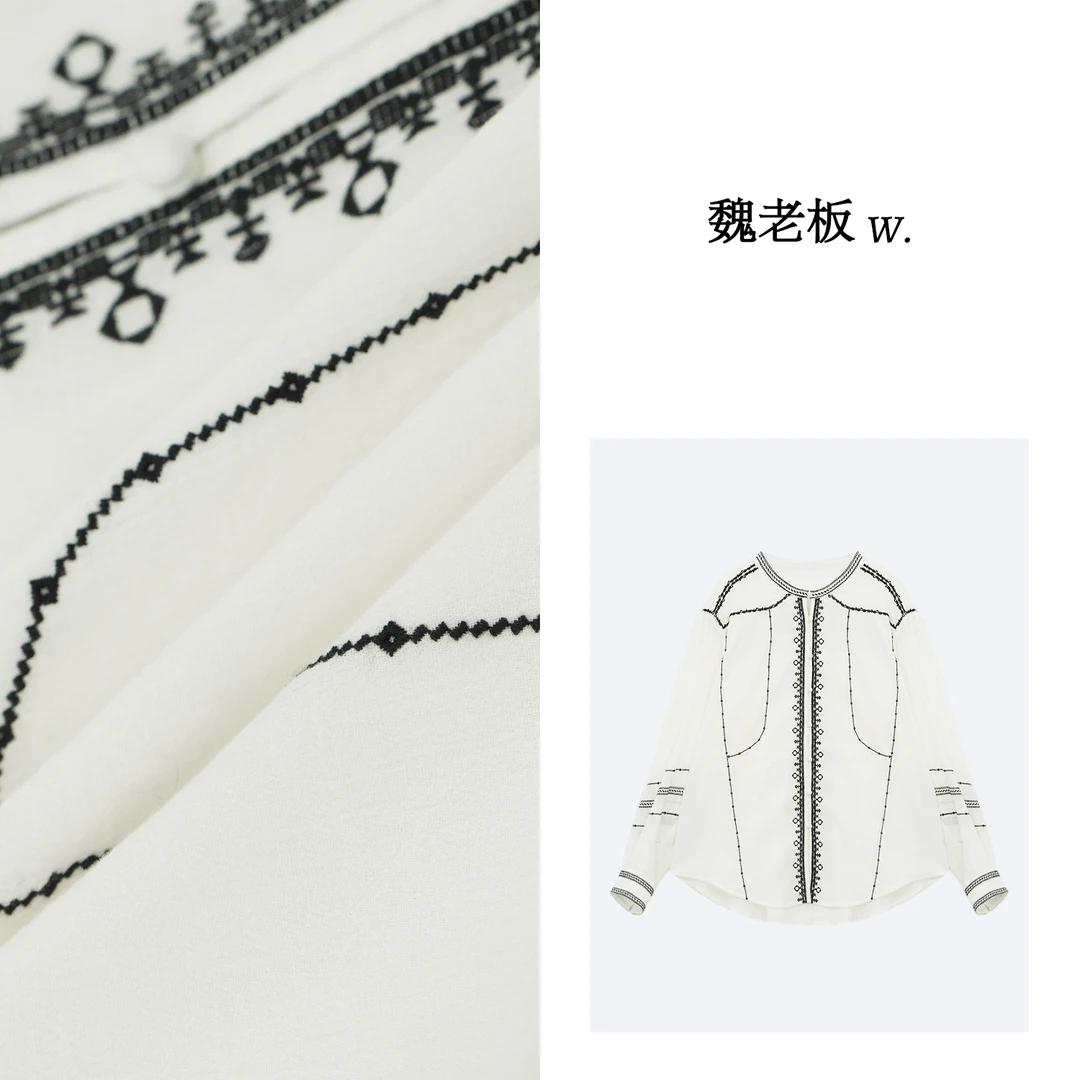 W.Diva【巴厘岛】春季欧若风纯棉白色刺绣撞色包扣小衫51S281324