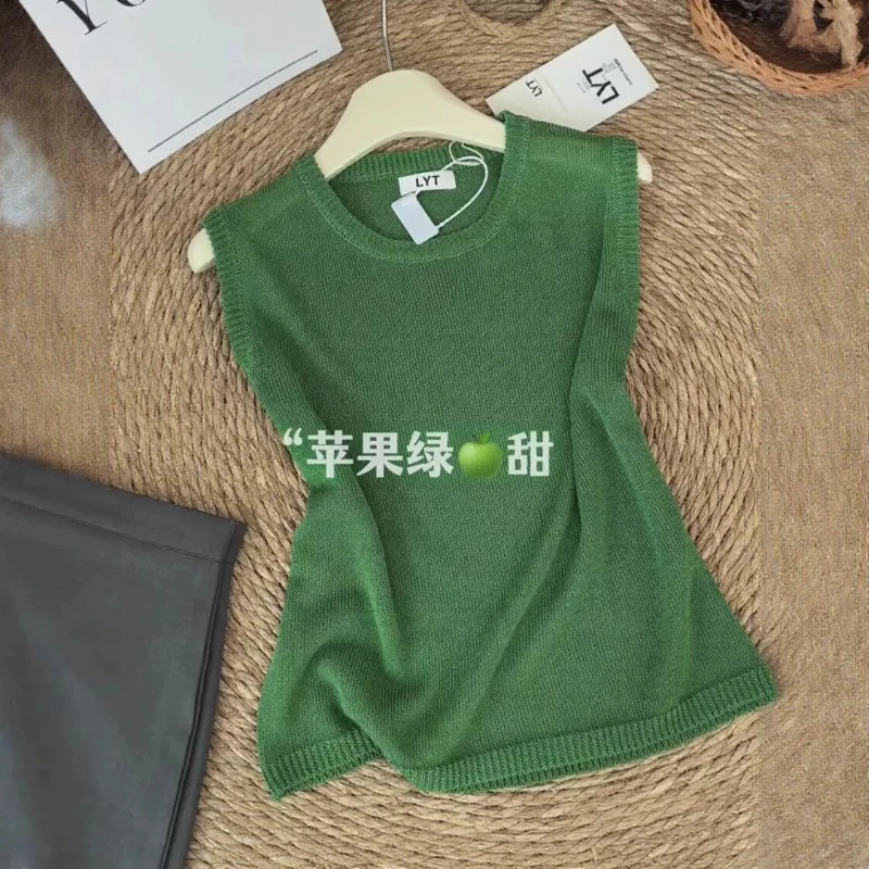 复古绿色无袖背心女夏季2025新款宽松轻薄透气圆领糖果色针织上衣