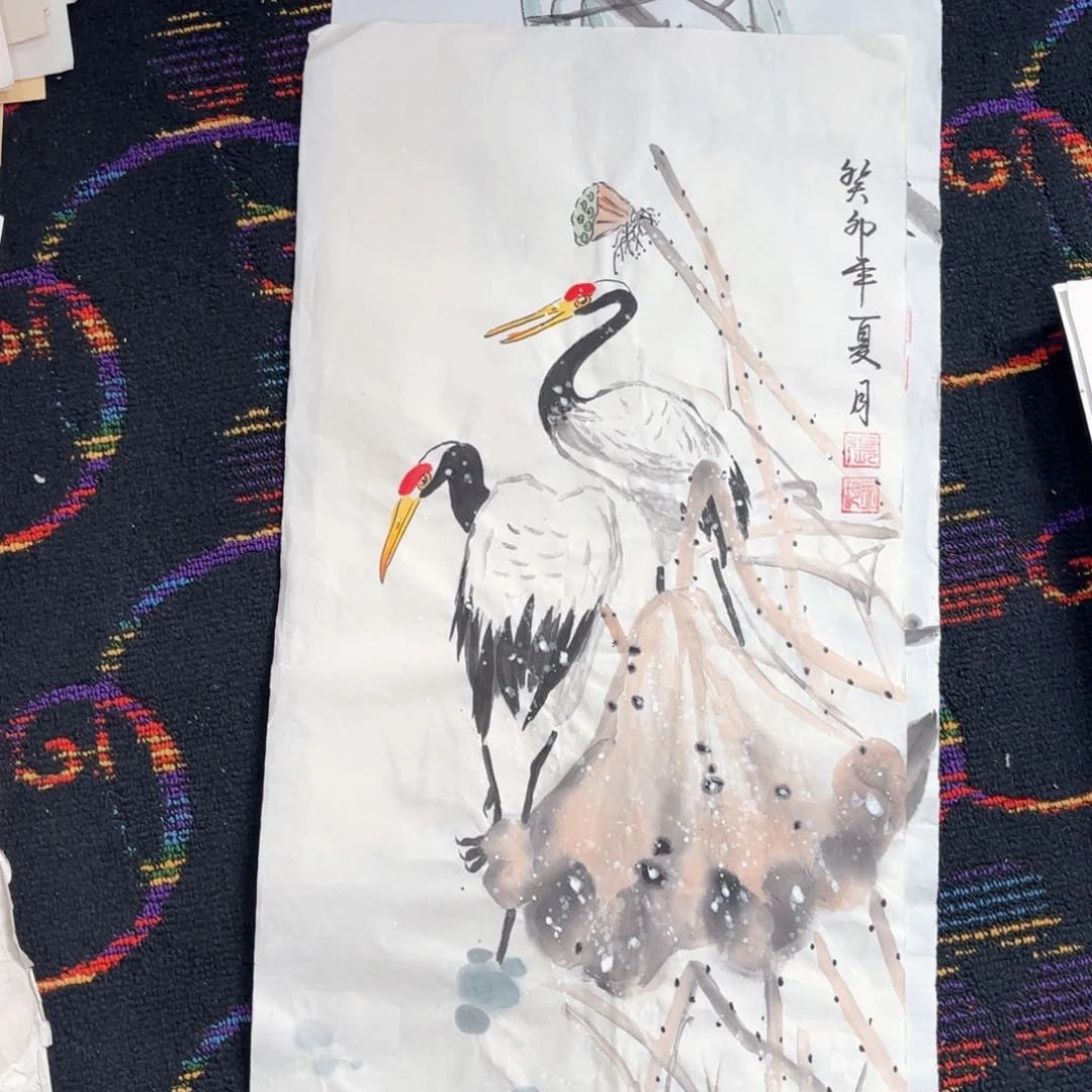 国画张永玲四尺四开花鸟朱