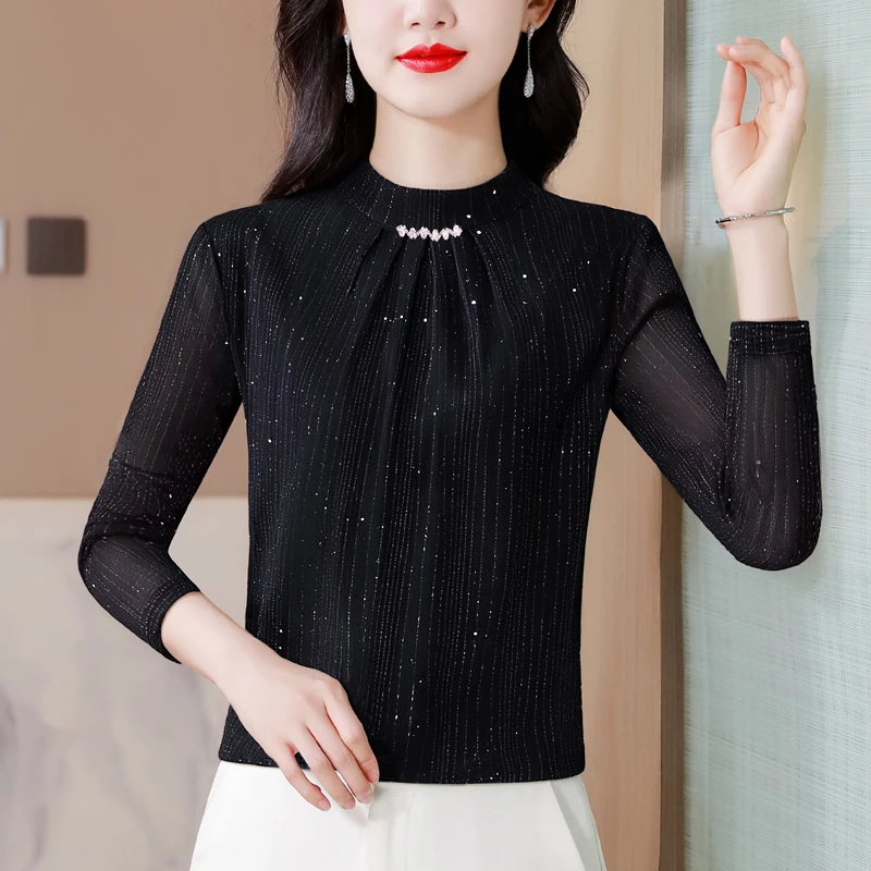 半高领打底衫女士长袖春秋冬2025新款内搭高级感小衫妈妈网纱上衣