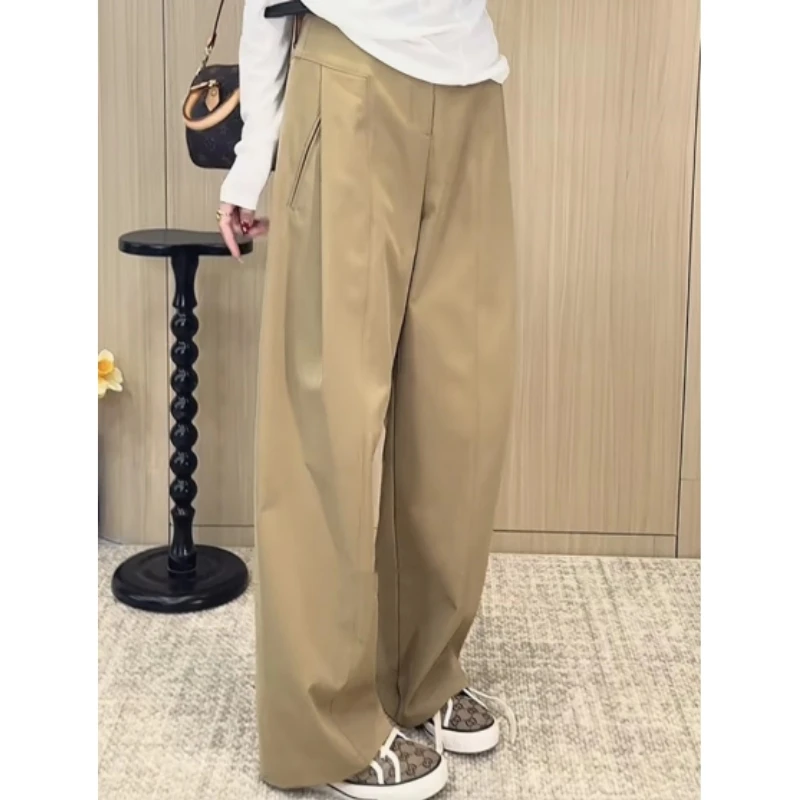 2025早春新款卡其色休闲裤女梨形身材遮跨显瘦高腰百搭阔腿风琴裤