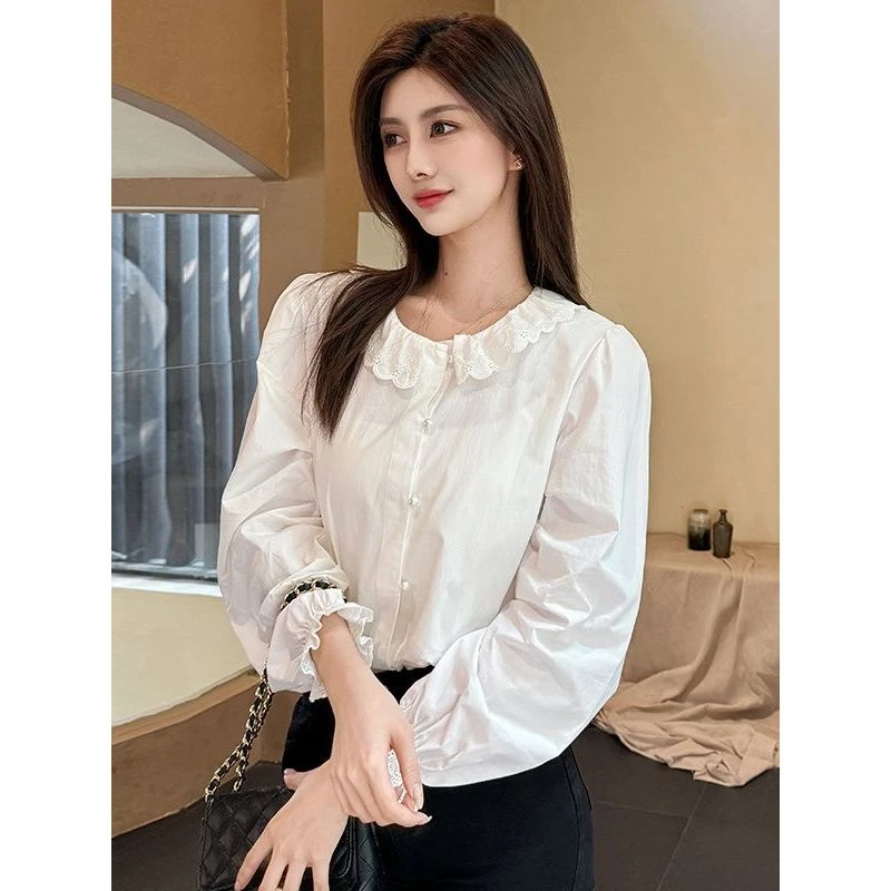 2025早春新款设计感荷叶边衬衣不规则百搭花边长袖白色衬衫上衣女