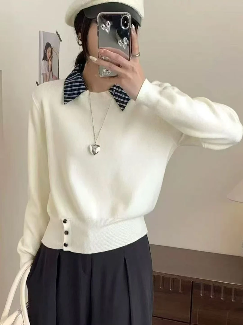 拼接衬衣领假两件针织衫