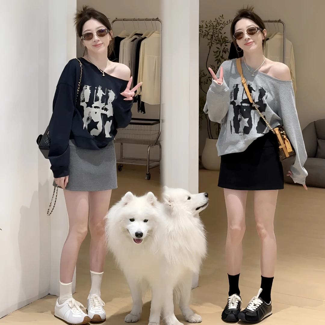 2025早秋时尚新款韩系休闲宽松简约百搭显瘦斜肩卫衣半裙套装女