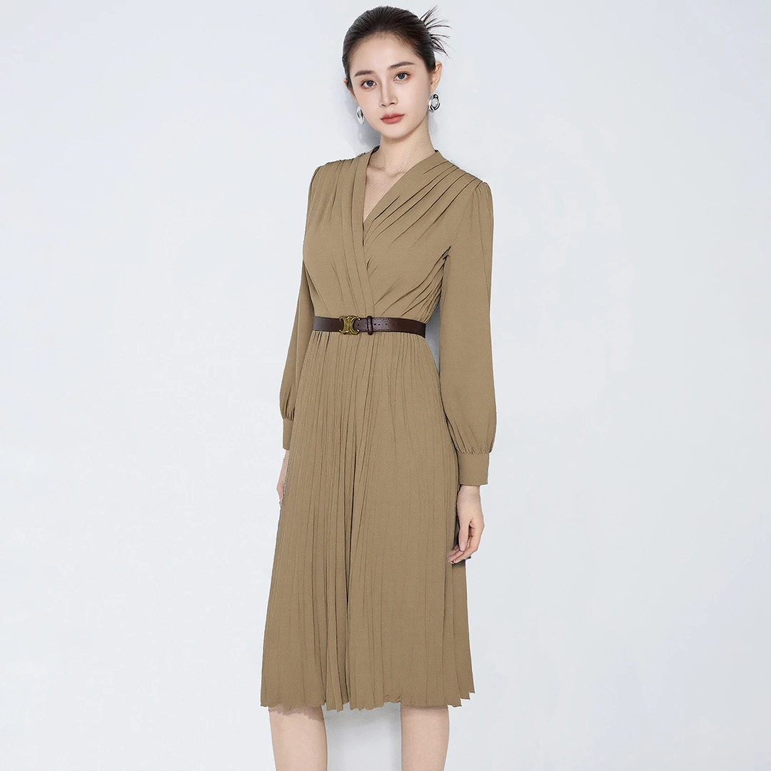 【苏西】马天奴收腰法式气质长袖V领V领连衣裙VHA158DRX0