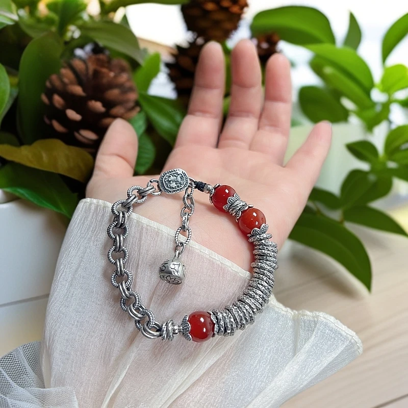 925银手链 原创设计S925纯银半链锤纹盘缠手链本命年新年礼物