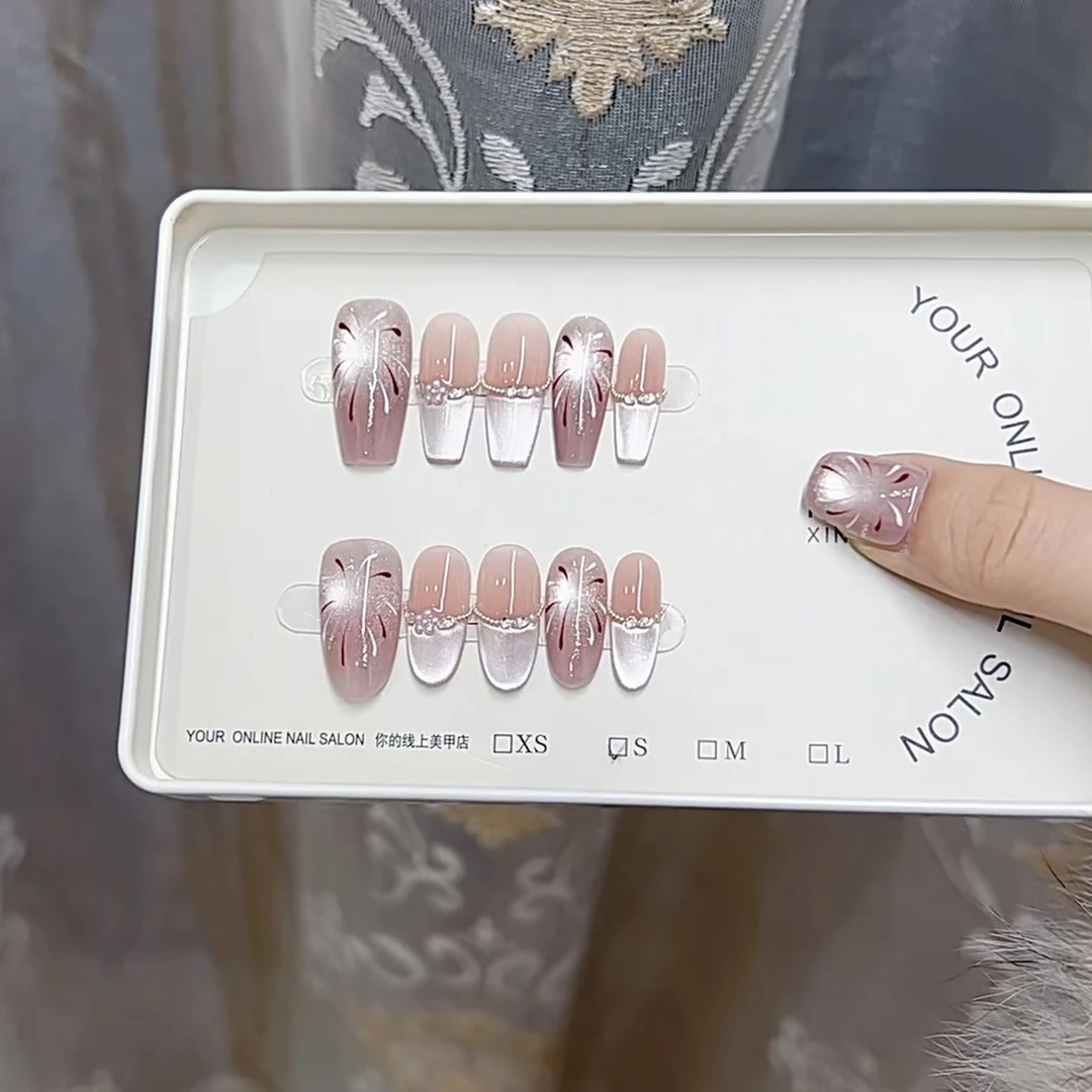 欧若风纯手工光疗穿戴甲紫烟猫眼烟花款重复使用可拆NZ