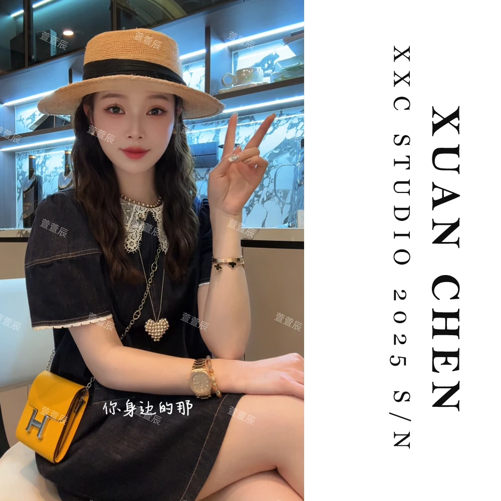 【轻奢老钱】法式优雅风蕾丝边牛仔连衣裙春夏薄款蕾丝边A字裙#8272