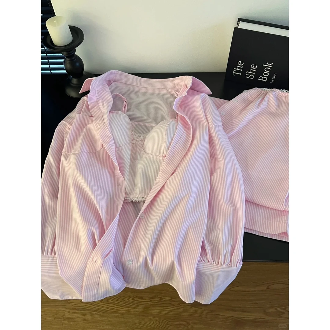 多巴胺粉色条纹带胸垫吊带睡衣女夏季新款长裤三件套可外穿家居服