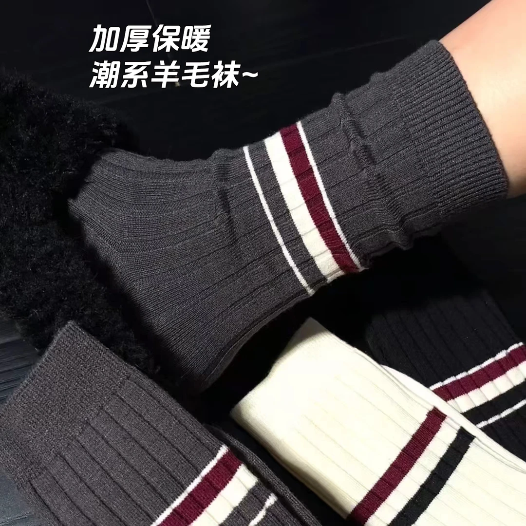 条纹羊毛袜蓄热锁温双针加厚TB风学院风条纹中筒袜2688