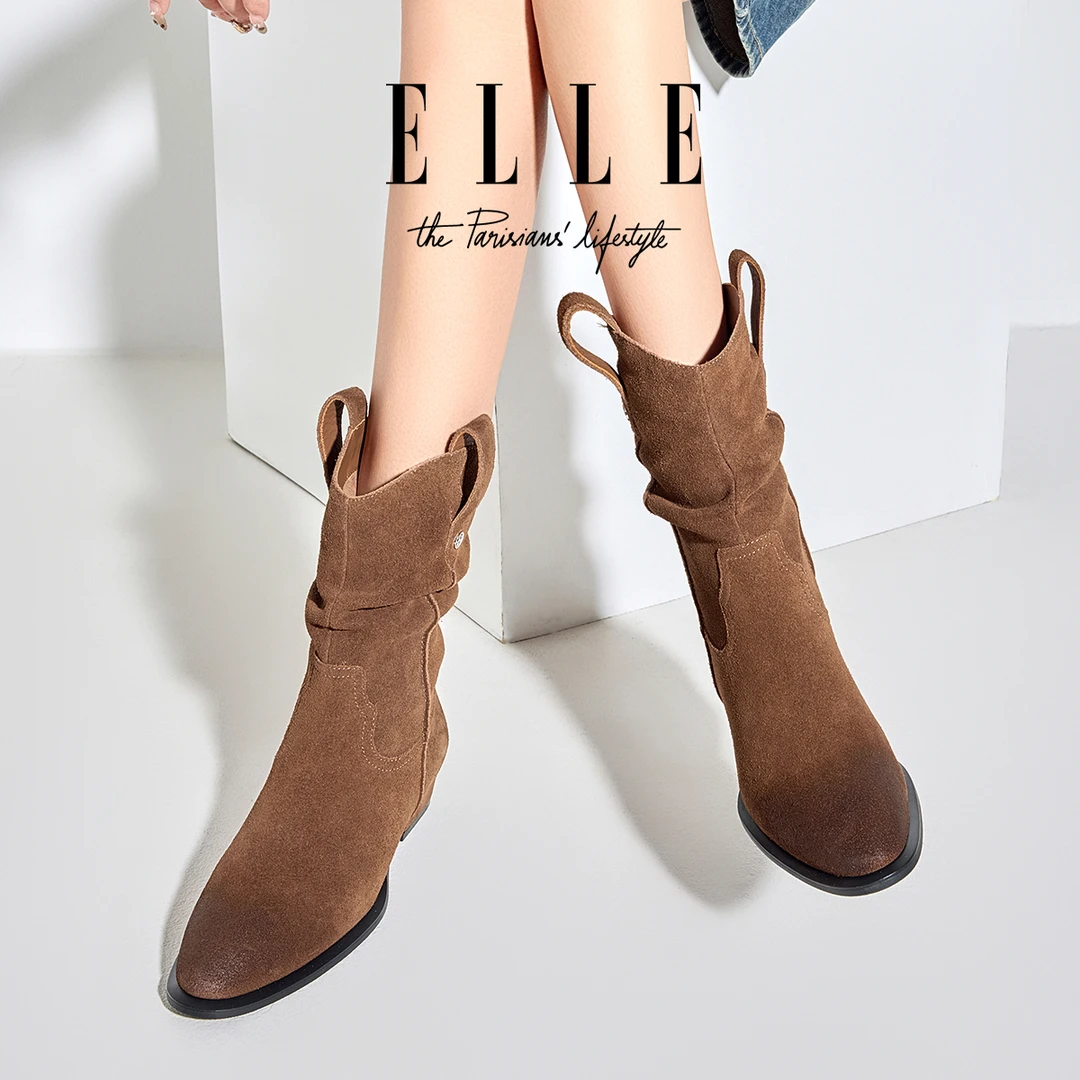 ELLE新疆旅游必备西部牛仔靴女2025新款真皮时装靴尖头中筒堆堆靴