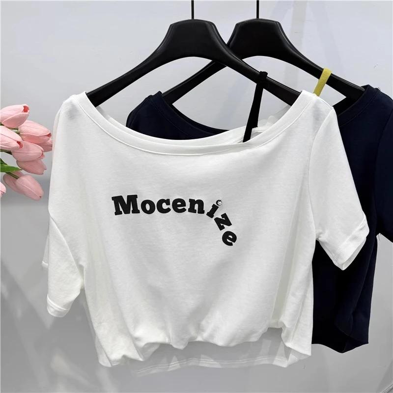 【帝韵】百搭索罗娜露肩短袖T恤女新款白色短款宽松时尚一字肩上衣