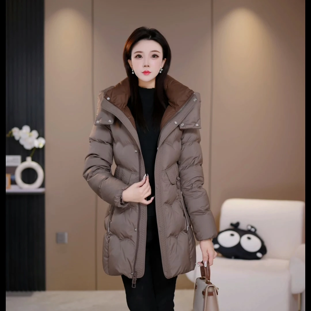 【花海羽绒】新国标90白鸭绒新款时尚气质休闲中长款保暖女士羽绒服
