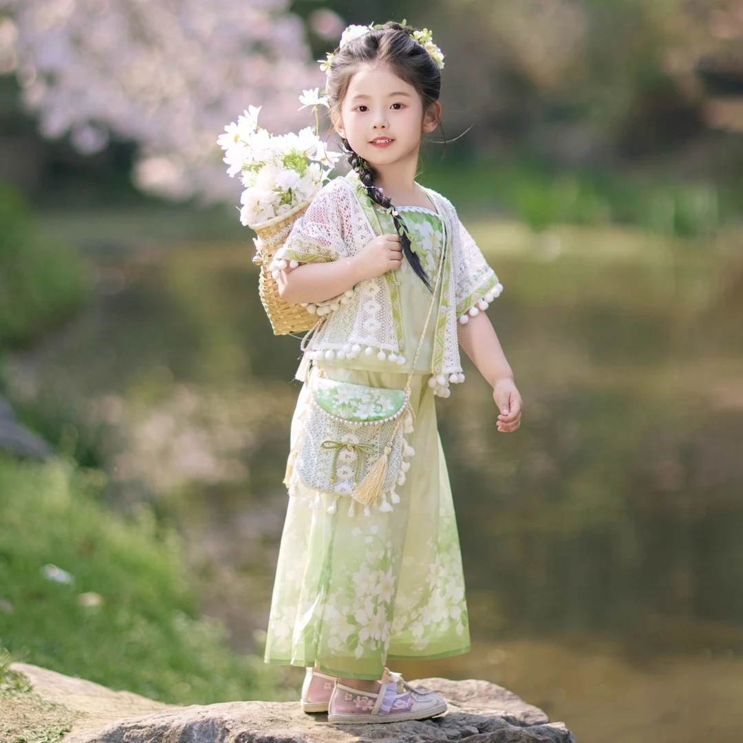 2025新款汉服女童夏款古装儿童新中式唐装古风三件套古装女孩裤装
