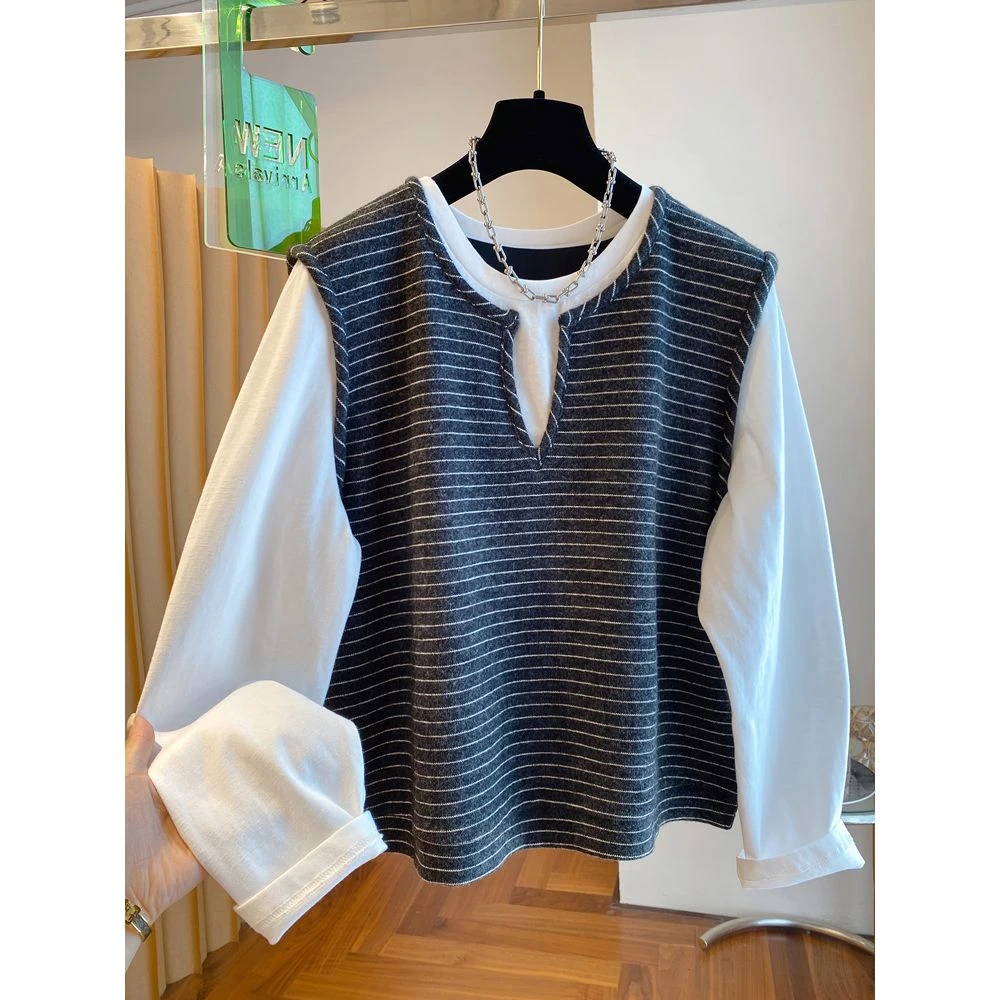 胖mm240斤大码假两件长袖t恤女秋冬宽松磨毛超好看条纹打底衫上衣