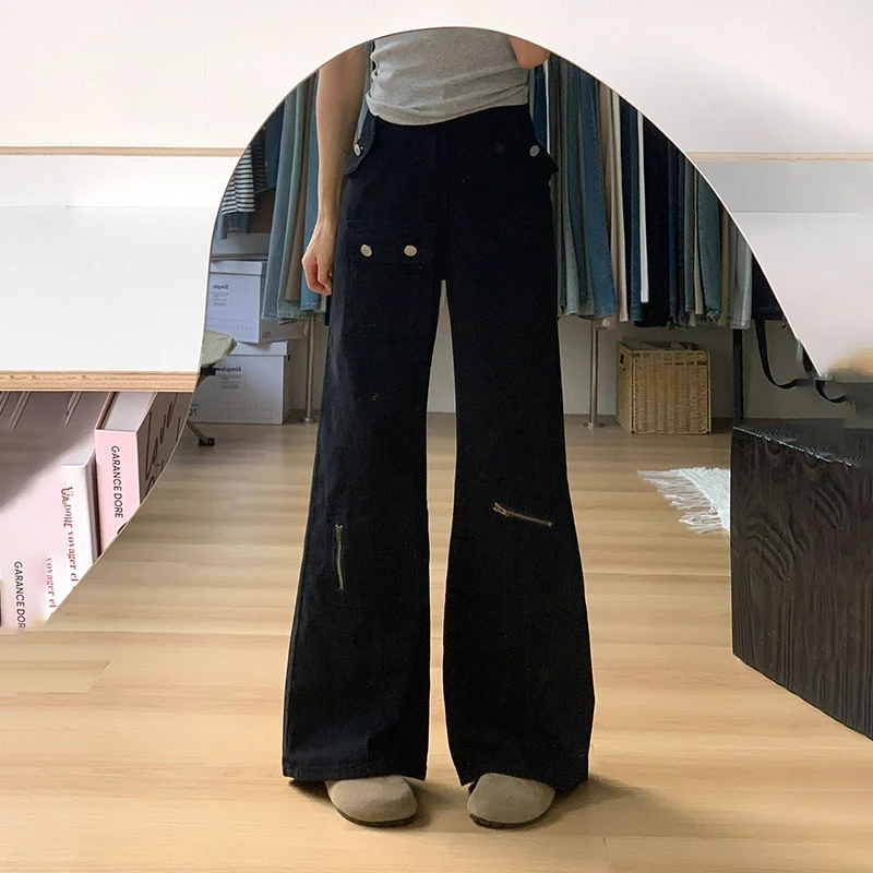 特大码女装美式工装牛仔裤女秋季新款裤子胖mm高腰显瘦阔腿喇叭裤