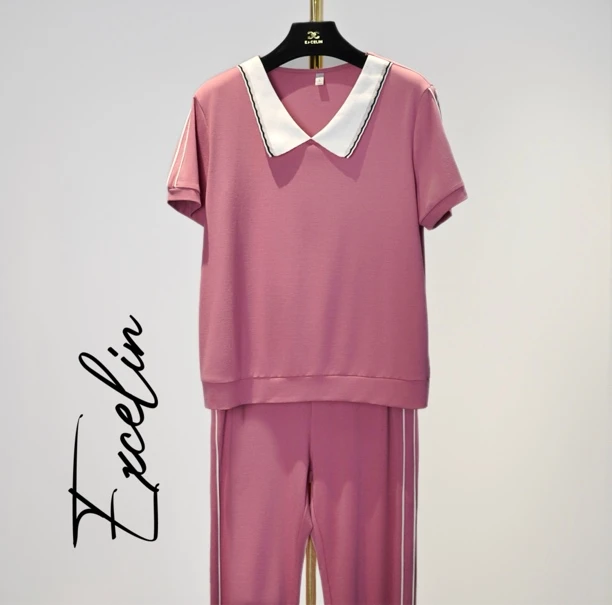 【豆沙粉白翻领短袖套装】夏季舒适显瘦天丝罗马棉T恤时尚休闲套装