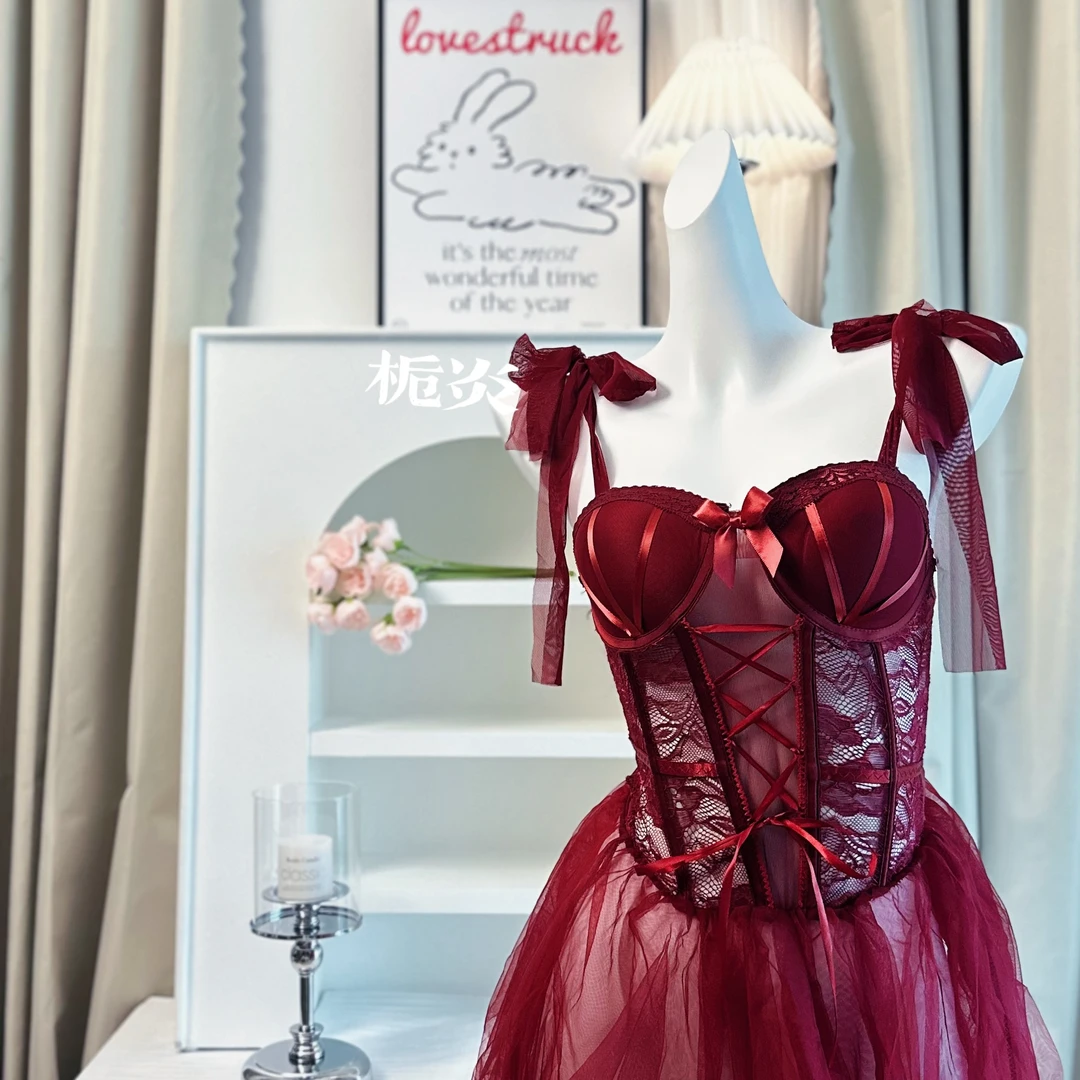 栀炎［80-130］性感纏繞纯欲睡裙显瘦蕾丝鱼骨吊带网纱睡衣