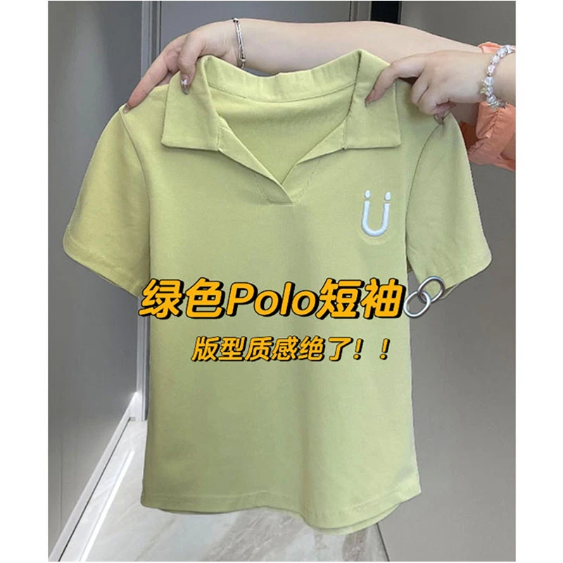 大码胖mm200斤运动风V领笑脸插肩袖设计polo衫女夏百搭短袖t恤