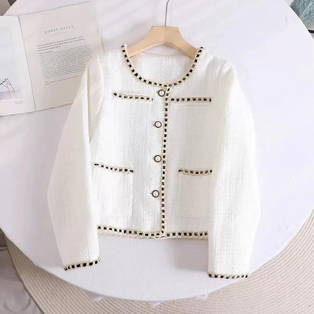 女士时尚粗花呢珍珠扣小香风外套E483