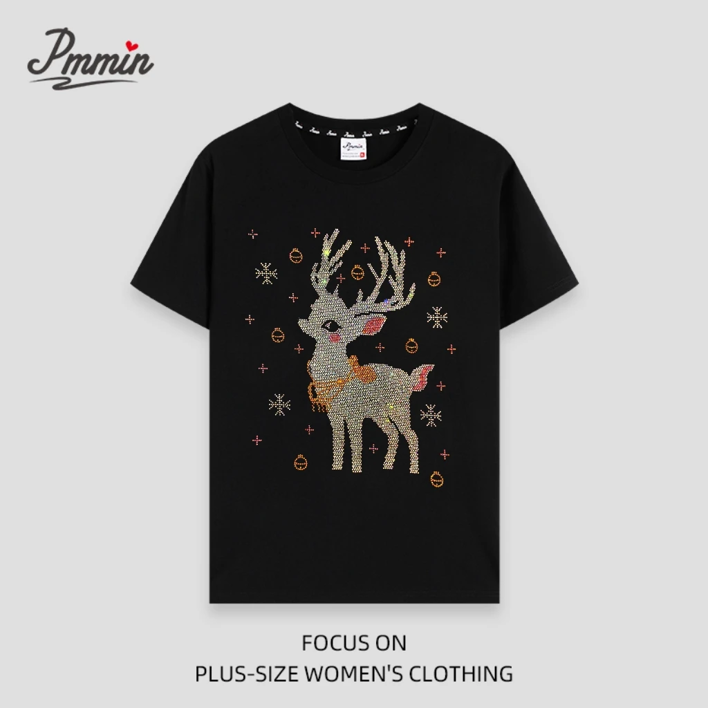 pmmin【梅花鹿】女装大码圆领烫钻短袖T恤 夏季烫钻
