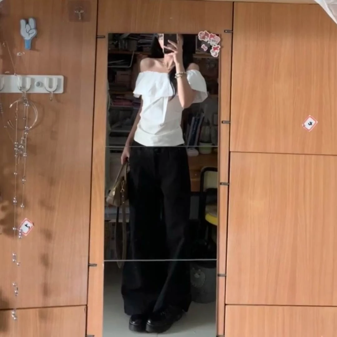 MARIE.COCO法式气质纯欲风一字肩白色短袖上衣搭配高腰休闲裤套装
