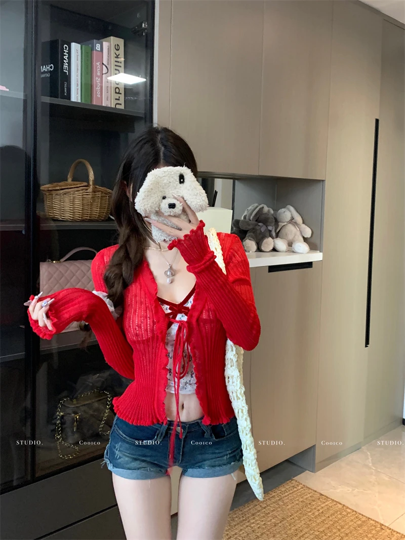 长袖针织开衫女穿搭夏季新款上衣chic韩系红色罩衫气质毛衣外套