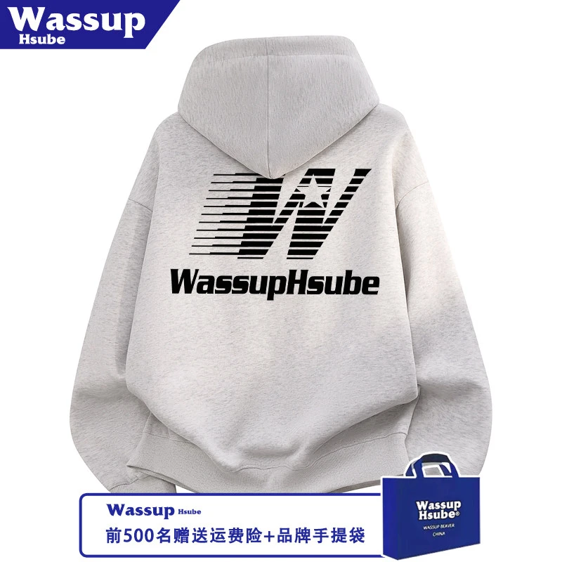 WASSUP HSUBE横线字母印花卫衣白灰加绒连帽外套秋冬拉链男款开衫