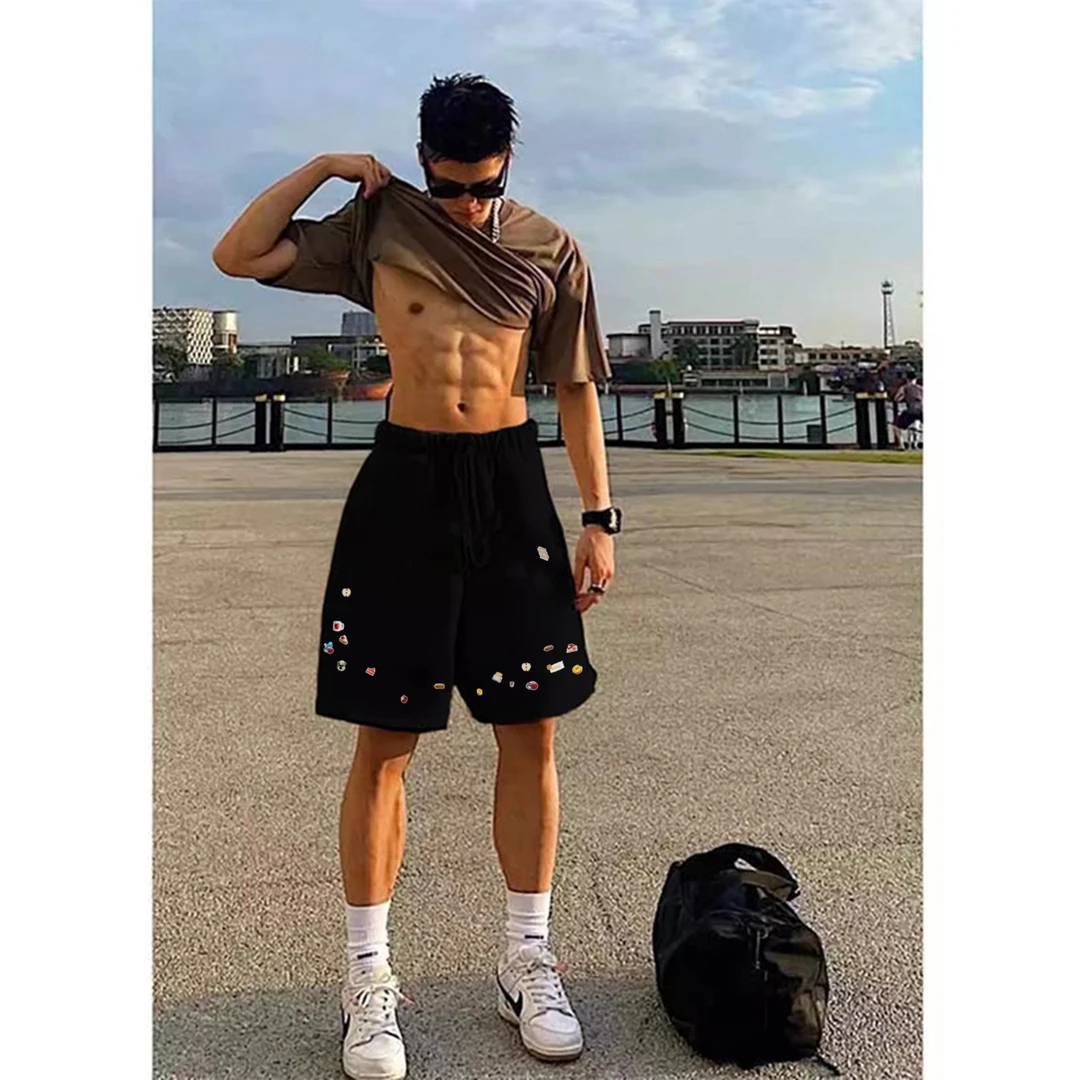 美式趣味图案印花运动短裤男女夏季宽松百搭情侣款抽绳直筒五分裤