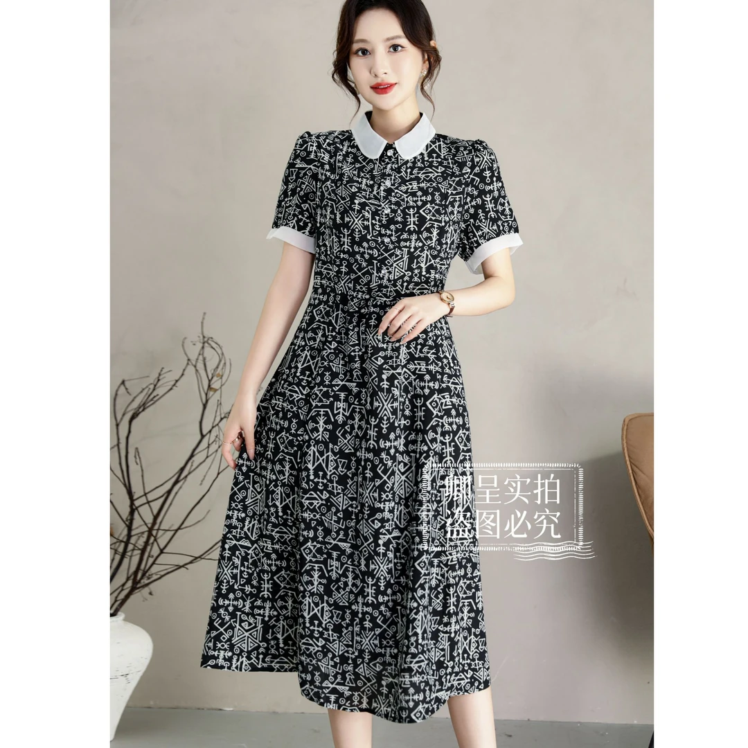 【熊太】Y1153欧根纱翻领连衣裙减龄遮肚子收腰显瘦娃娃领加长裙子