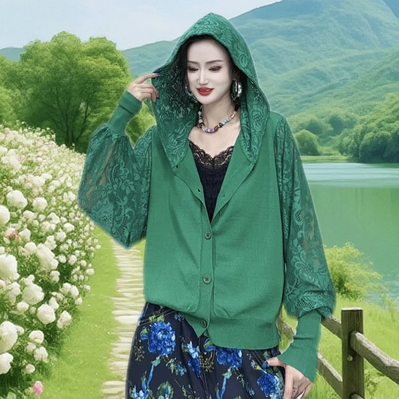 蕾丝防晒衣连帽外套女2025夏季新款时尚简约镂空减龄开衫外套-128