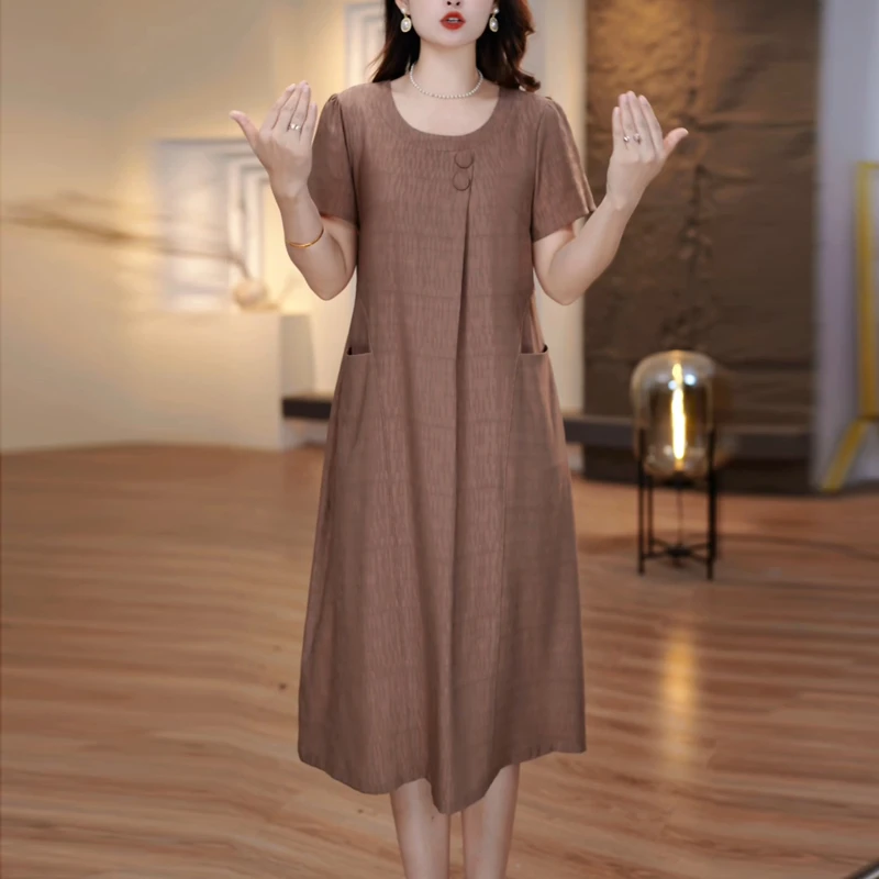 高档大气宽松连衣裙女2025夏季新款妈妈装优雅气质显瘦减龄中长裙