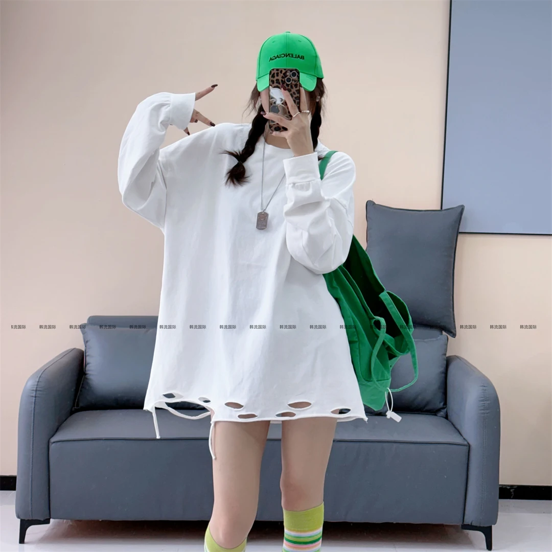 2025春季新款欧洲站磨毛上衣女长袖中长款破洞T恤宽松bf风打底衫