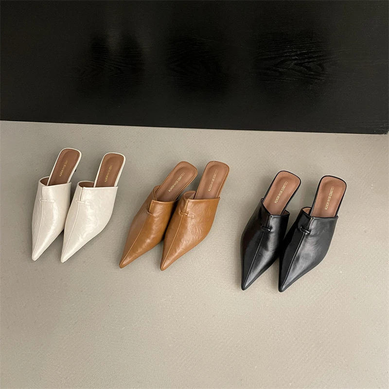 小众复古尖头细跟包头半拖鞋女2025秋季新款百搭深口软皮穆勒女鞋