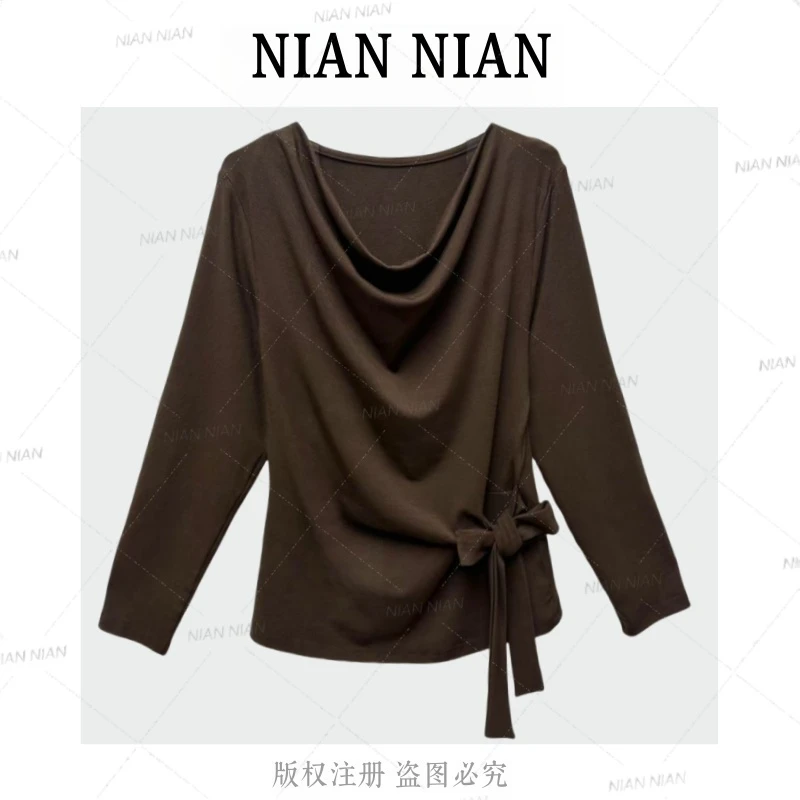 〖知秋〗年年2025秋冬新款韩版条纹长袖t恤设计感别致绑带收腰上衣