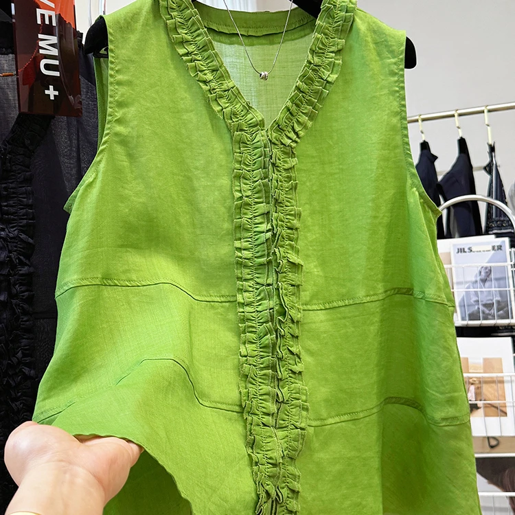 高级感重工木耳边马甲背心女夏季外穿超好看苎麻无袖坎肩V领上衣