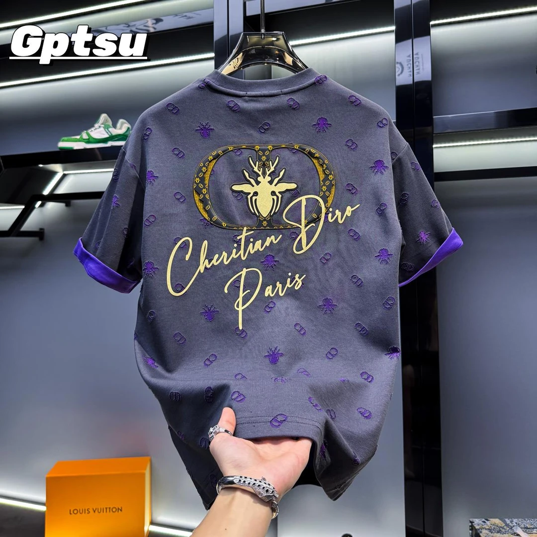 GPTSu男士高端烧花蜜蜂短袖t恤新款夏季薄款潮牌宽松美式轻奢半袖