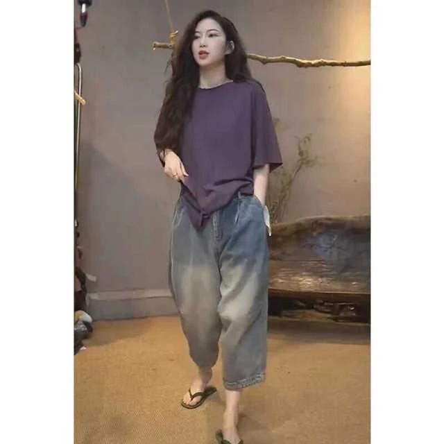 韩系减龄时尚套装2025新款女装夏季洋气中长款圆领t恤高腰牛仔裤