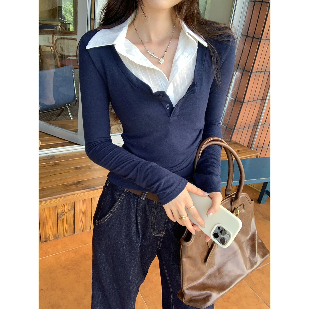 网红韩系撞色拼接假两件翻领长袖T恤女2025秋季新款高级感上衣