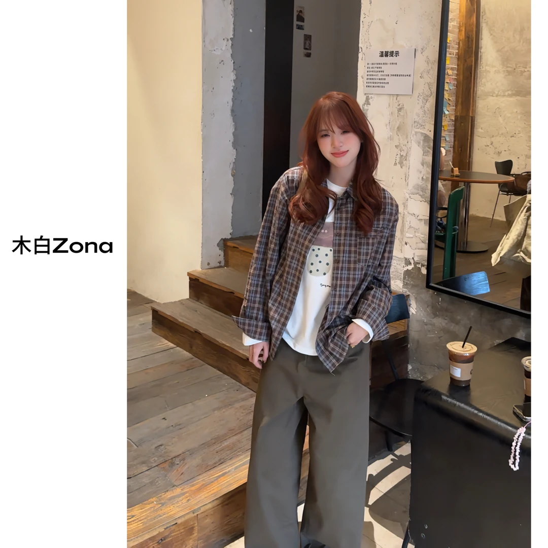【木白Zona】“复古咖格” 秋季新款休闲撞色格子复古韩版气质衬衫