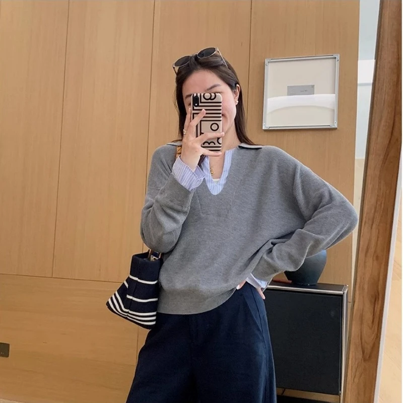 欧货时尚撞色拼接假两件针织衫上衣2025秋冬新款百搭长袖打底衫女