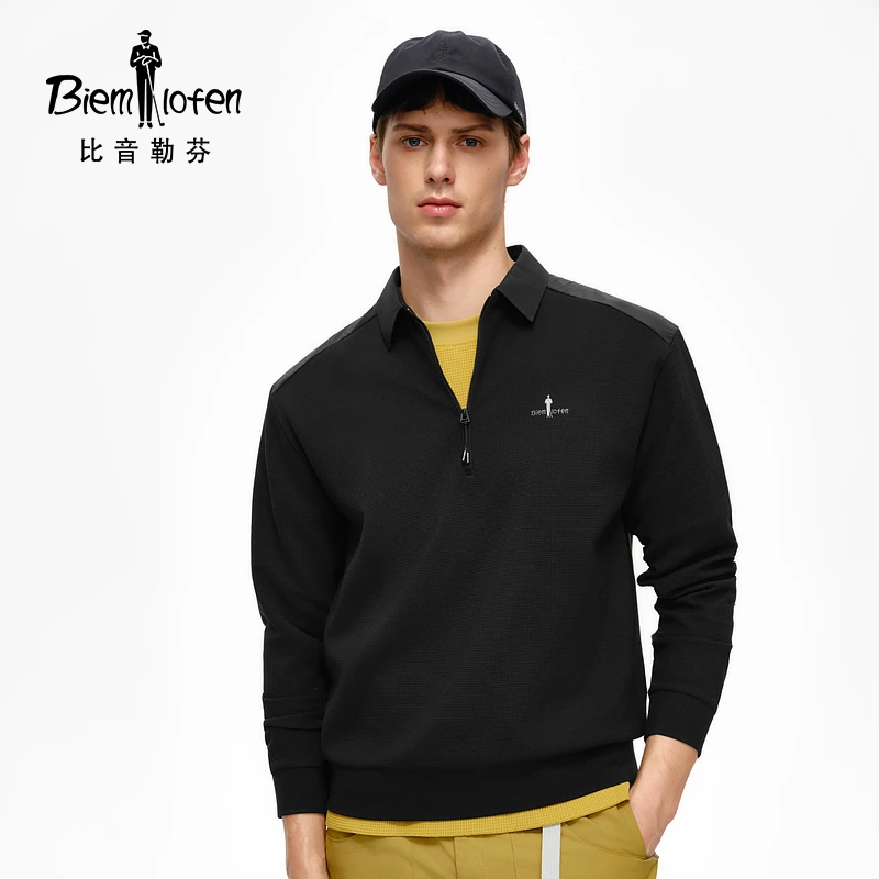 【防晒格型T】比音勒芬2025秋季新款时尚休闲半拉链翻领长袖T恤男