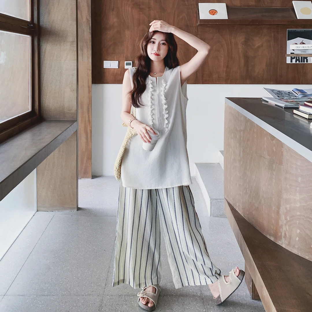 慵懒松弛感超火夏装一整套女设计感流苏无袖上衣条纹阔腿裤两件套