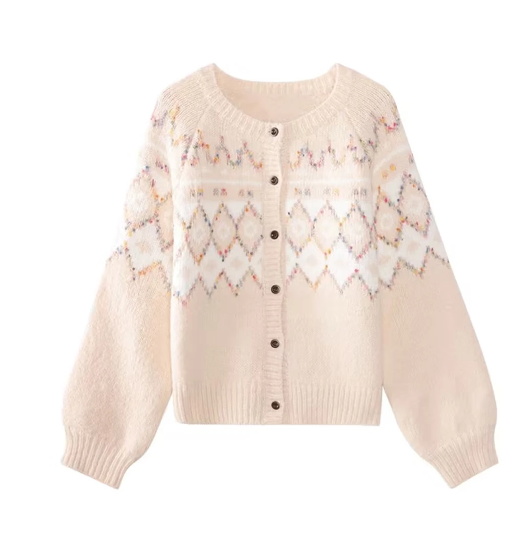 【鹿屿庄】杏色慵懒感毛衣开衫冬季短款时尚上衣女款L52338