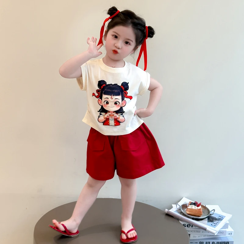 女童哪吒套装夏季2025新款儿童哪咤服装女宝宝短袖夏装衣服两件套