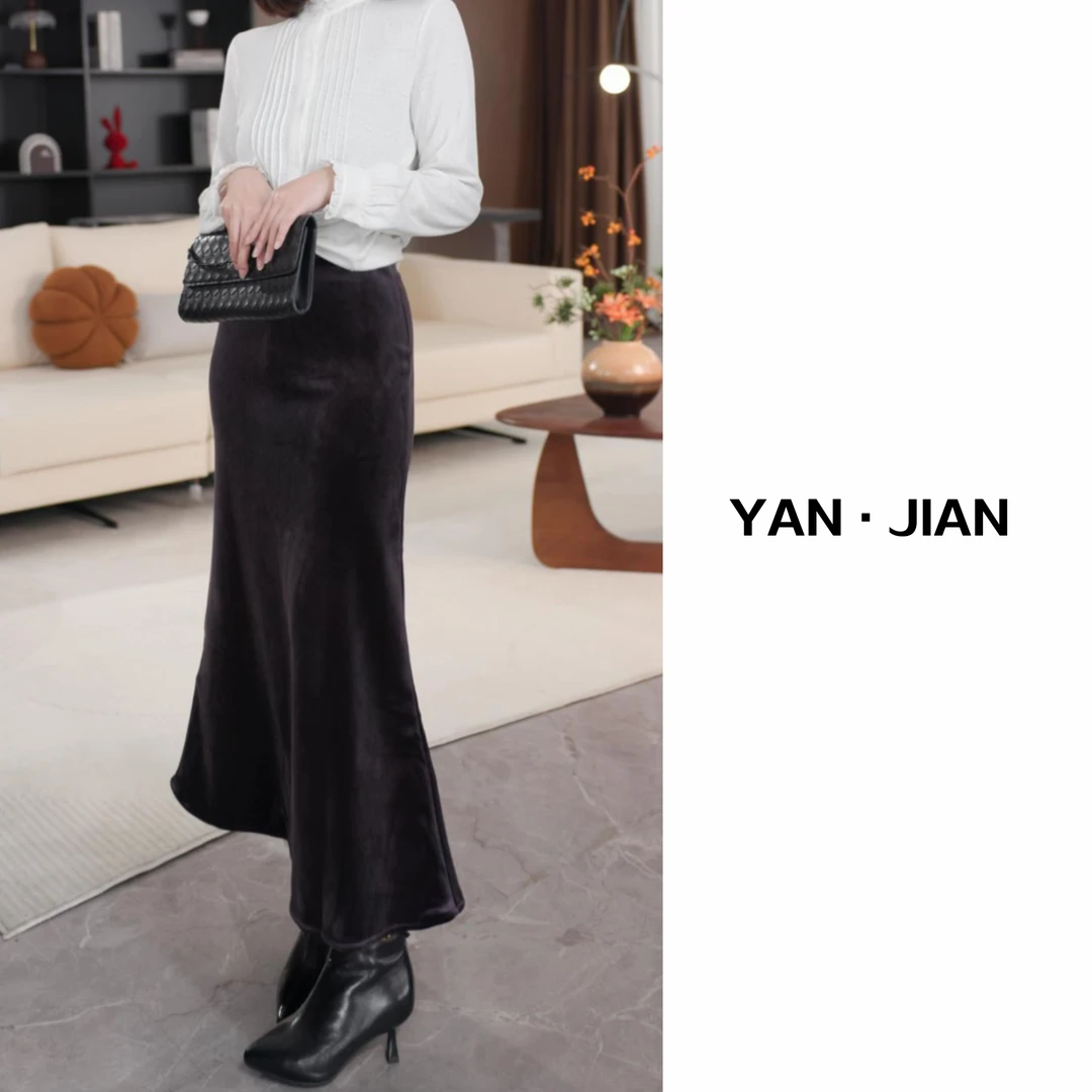 YAN JIAN【紫绒鱼尾裙】100%进口天鹅绒斜裁45度鱼尾半裙