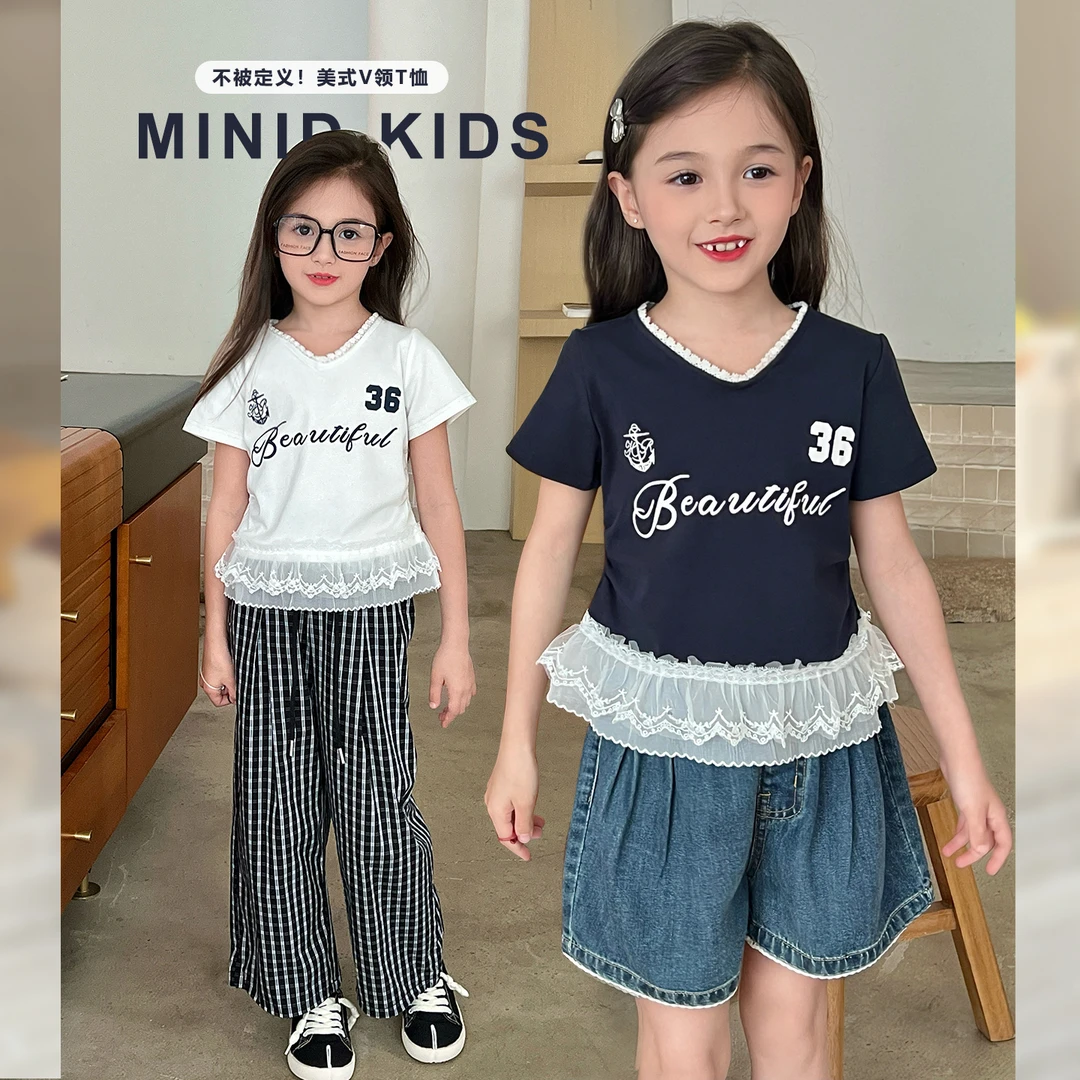 mini旦童装女童美式花边V领短袖T恤夏季新款中大童时髦蕾丝边上衣