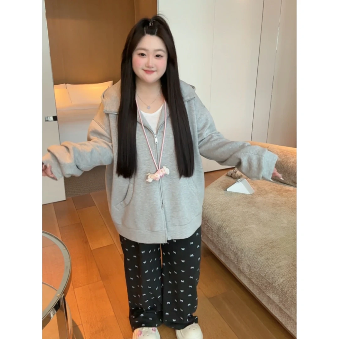 早秋外套女2025新款连帽灰色卫衣胖MM宽松显瘦拉链开衫上衣18-871