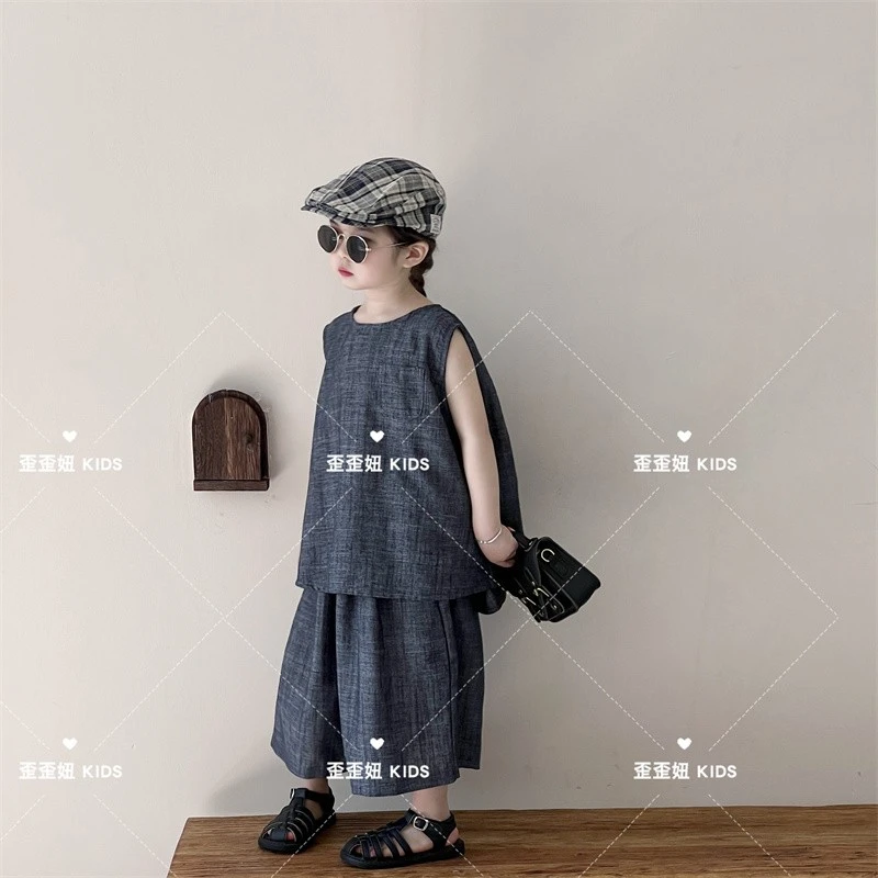 【歪歪妞童装】35141儿童复古森系极简宽松背心阔腿裤男女童七分裤