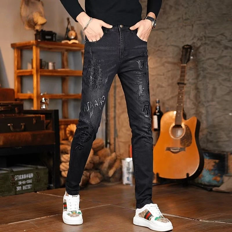 欧货时尚薄款印花修身直筒牛仔裤男痞帅轻奢高端弹力个性小脚九分